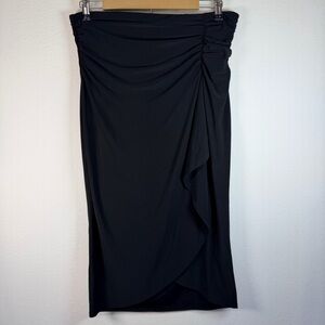NWT White House Black Market MJ Ruched Flutter Skirt Women's L Black Knee Length